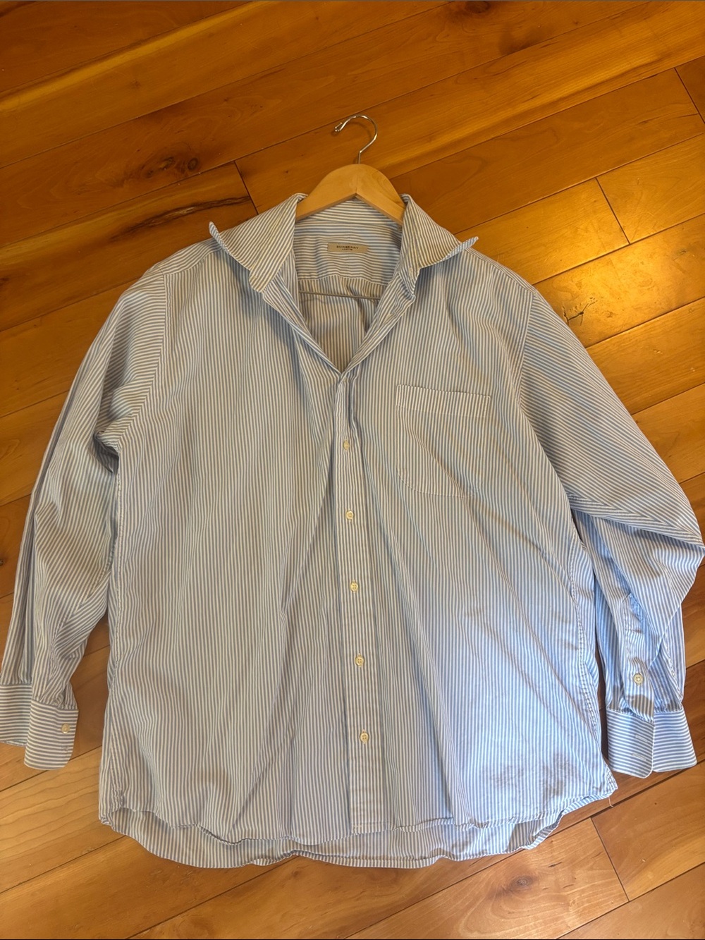 Burberry Blue and White Pinstripe Men's Dress Shirt